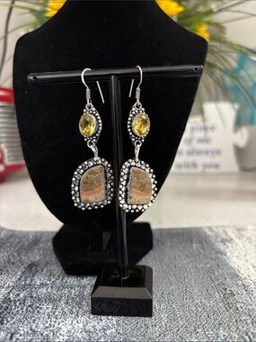 Sterling Silver Leopard Skin Jasper Citrine Gemstone Drop Dangle Earrings
